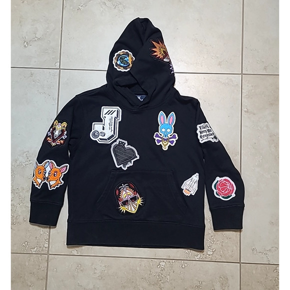 Psycho Bunny Kids RARE All Over Patch Black Hoodie Size 4/XXS Pouch Pockets C13